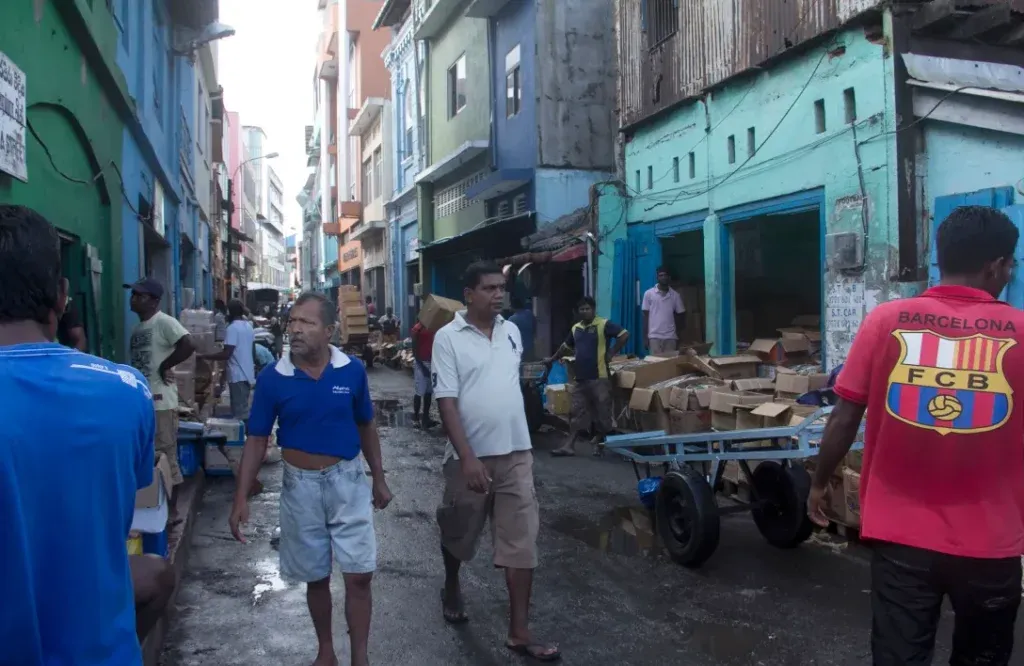 Dried fish vendors working on a busy street