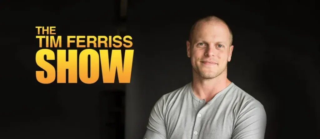 A profile phot of Tim Ferriss with the logo of the podcast next to him
