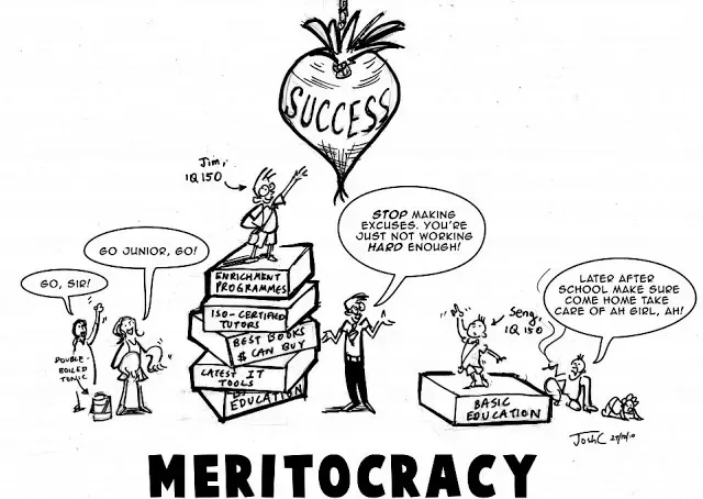 A cartoon showing the contrast between a student from a well-to-do background being given a boost with resources such as enrichment programmes, tutors, best books money can buy, latest IT tools etc. over a student from a poor background who just has access to basic education