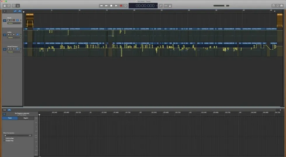 Two audio tracks on GarageBand showing edits, cuts, and level adjustments