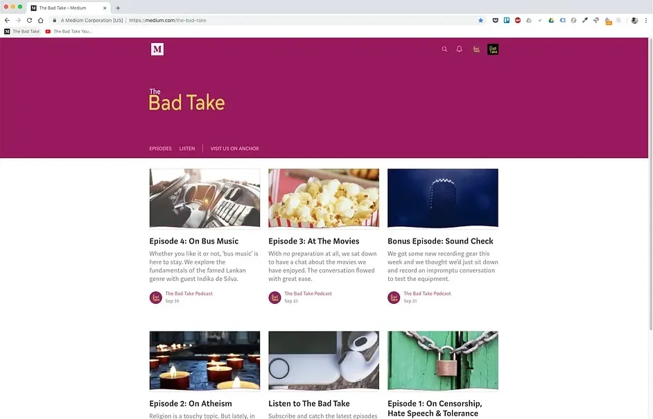 The homepage of the Medium publication, with all the latest episodes listed