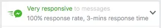 A screenshot showing our response rate on Facebook Messenger: 100% with a 3-minute response time