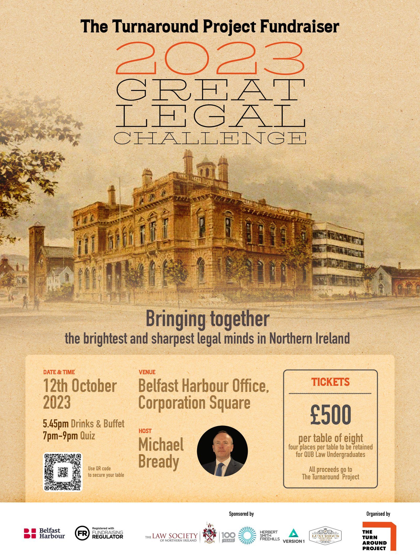 The Belfast Harbour Building in the centre and event details in text around it.