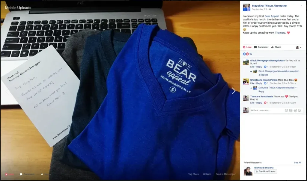 A Facebook post from a customer praising our service