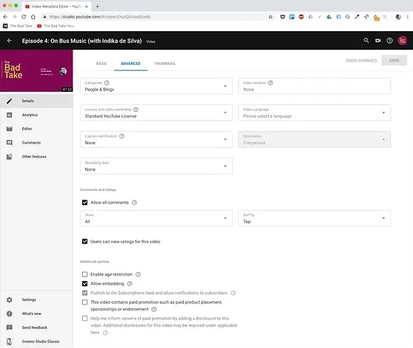 The ‘advanced’ tab of the YouTube upload screen