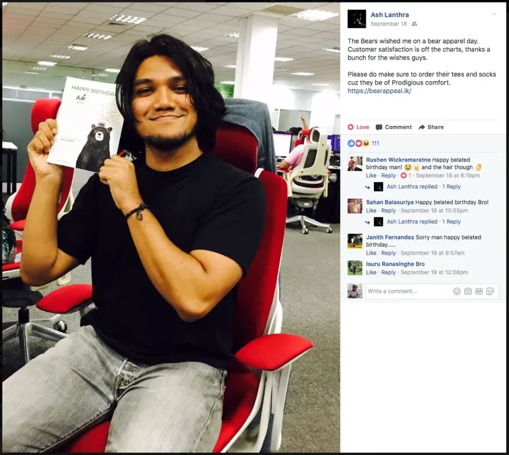A Facebook post from a customer delighted about the birthday card he received