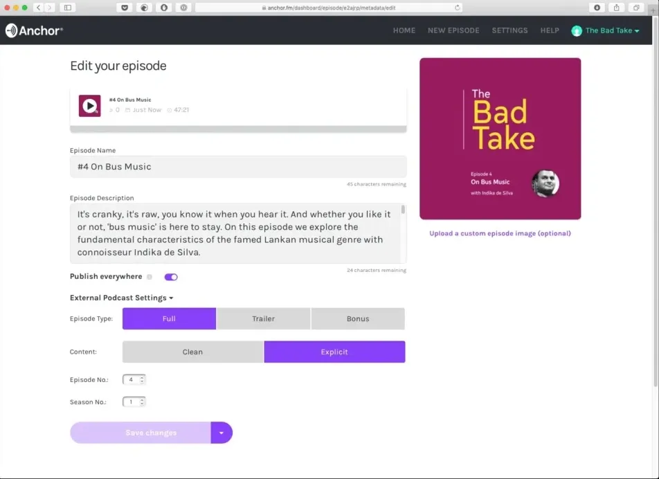 Anchor’s publish screen filled in with details such as episode title, description, episode type, and thumbnail