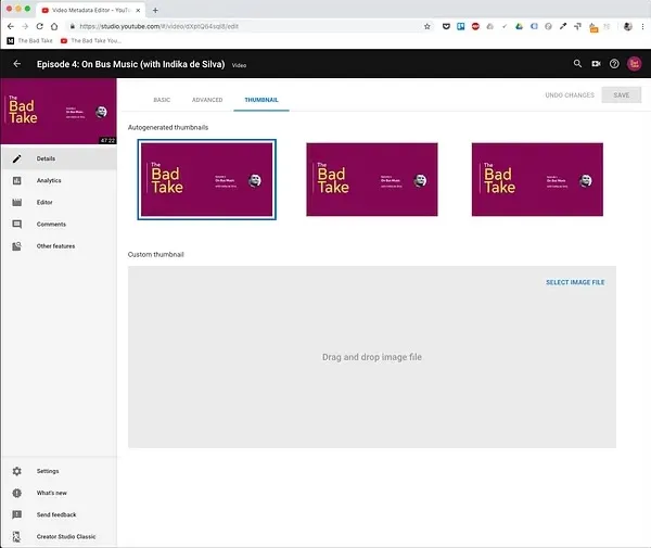The ‘thumbnail’ tab of the YouTube upload screen