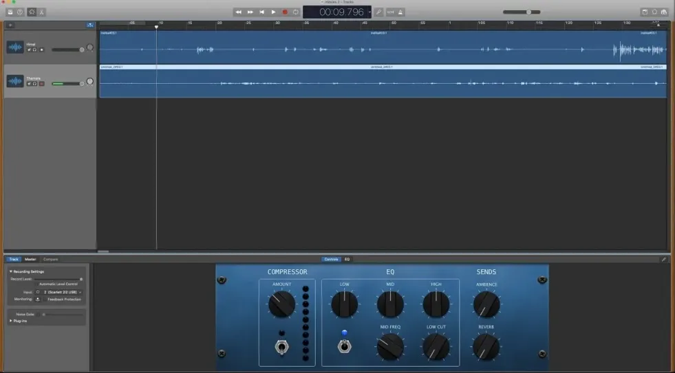 A screenshot of the GarageBand app, with two audio tracks loaded on to it