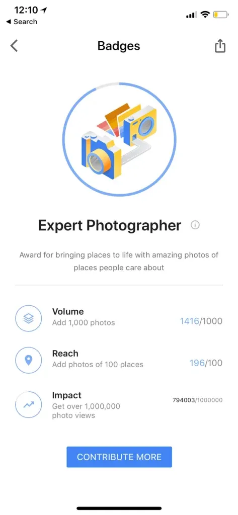 The Expert Photographer badge, awarded for volume, reach, and impact of photos posted