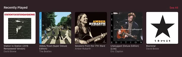 A screenshot showing my recently played albums, which includes some of the albums listed above