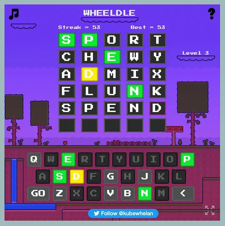 A screenshot of Wheeldle showing a win streak of 53