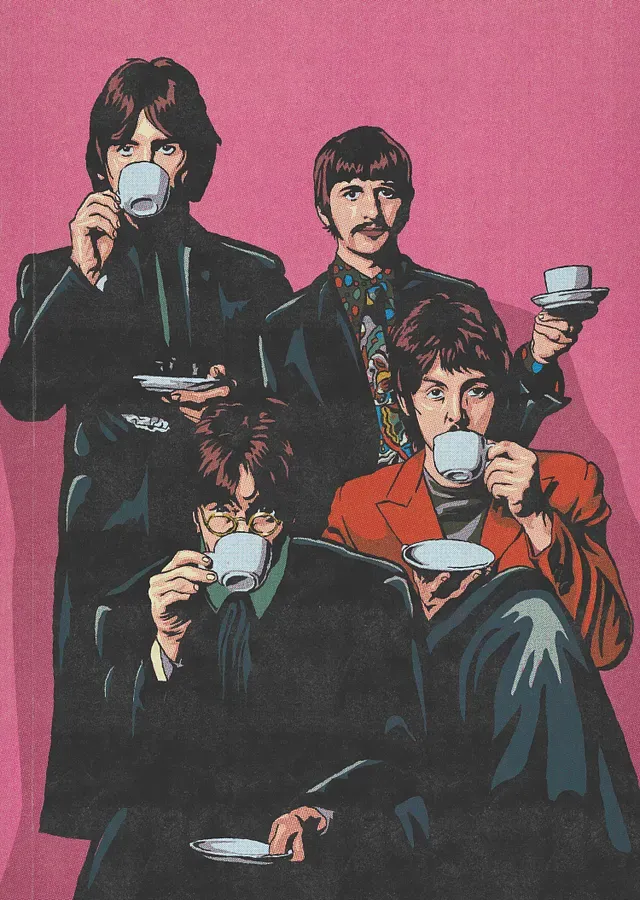 Illustration of The Beatles holding cups and saucers; John, Paul, and George are drinking out of their cups, while Ringo is holding his in his arms