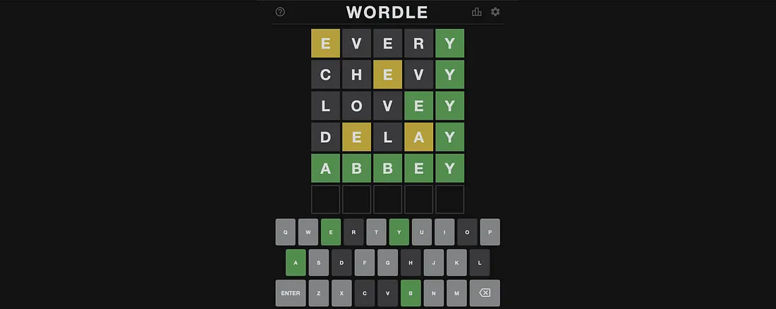 A screenshot of a Wordle game, with the winning word "Abbey" played on the 5th line