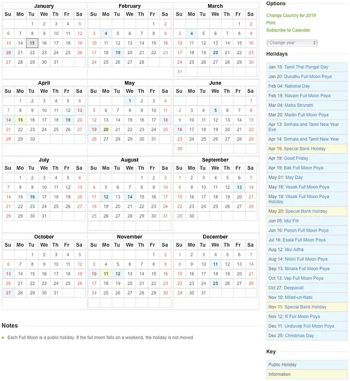 A calendar showing all the public holidays observed in Sri Lanka. The list is quite long.