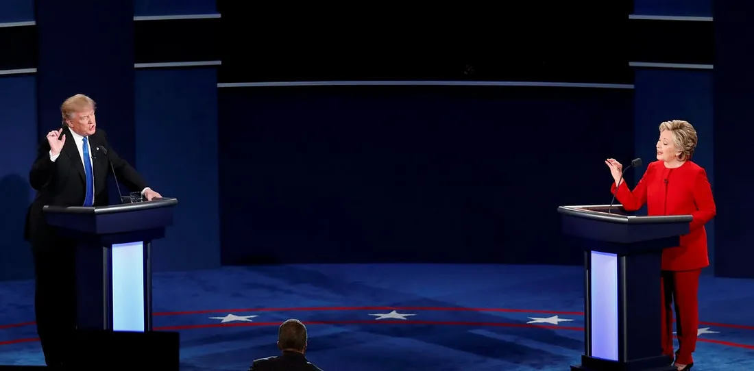 Donald Trump, left, and Hillary Clinton, right, on the presidential debate stage
