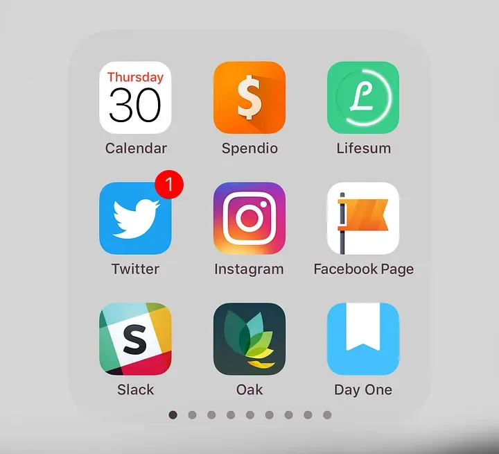 A screenshot that shows and open app folder, which contains the apps Calendar, Spendio, Lifesum, Twitter, Instagram, Facebook Page, Slack, Oak, and Day One