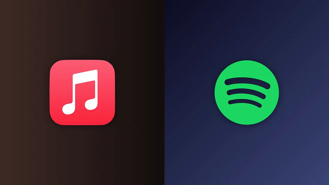 Apple Music (left) and Spotify (right) logos side-by-side