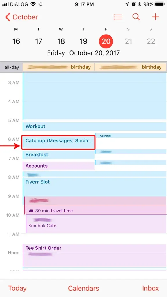 My iPhone calendar, which shows a blocked timeslot to catch up on messages