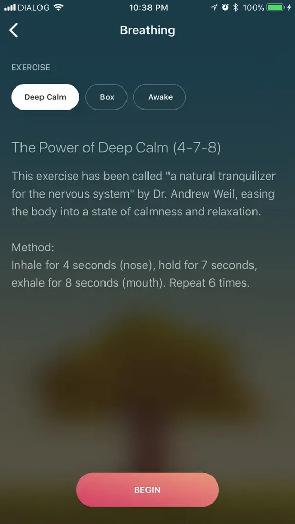 A screenshot of the Oak app which shows 3 options for meditating—Deep Calm, Box, and Awake