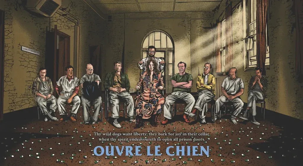 Illustration of a group of “patients” seated in a row inside a derelict old building