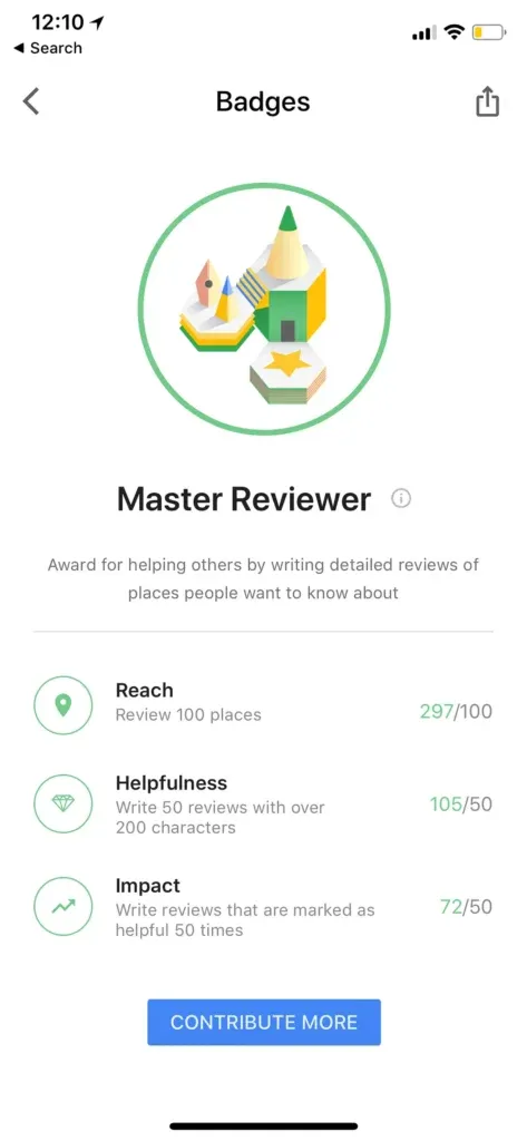 The Master Reviewer badge, awarded for quantity, helpfulness, and impact of reviews