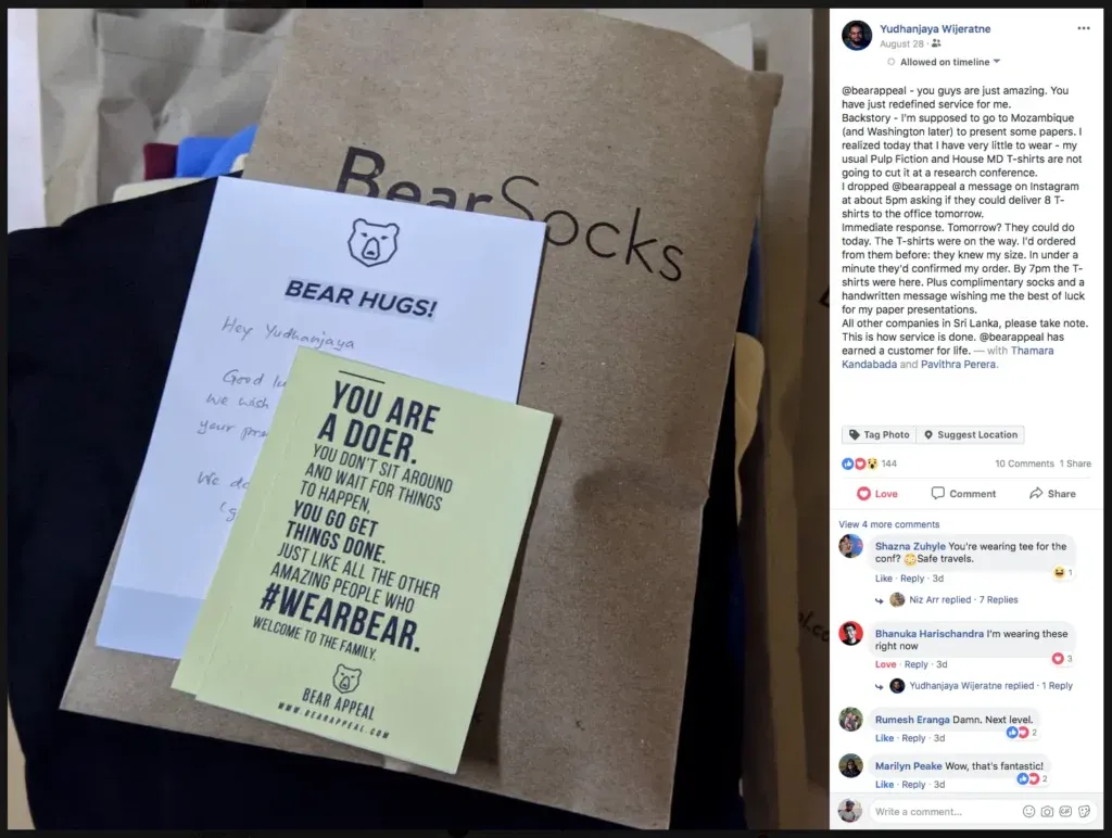 A Facebook post by our customer Yudhanjaya praising us for the speed of delivery