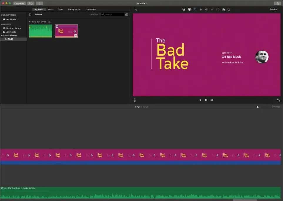 A podcast audio file loaded on to iMovie, with a background image containing the podcast logo and the guest’s profile picture