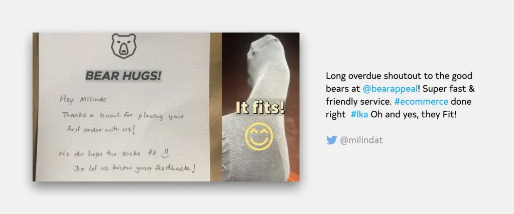 A Twitter post by a customer highlighting a handwritten card we sent and thanking us for the service received