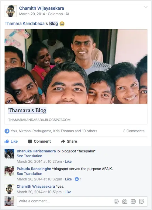 A friend’s Facebook post linking to my blog, on which another friend is mocking my choice of Blogspot in the comments