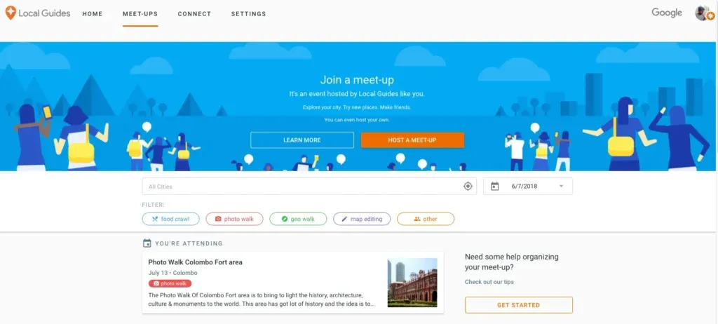 The Google Local Guides connect homepage where Local Guides create events and meetups