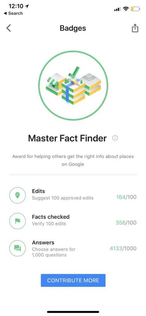 The Master Fact Finder badge, awarded for edits made, facts checked and answers posted