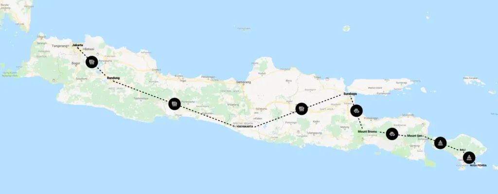 A map showing my itinerary from Jakarta to Nusa Penida island, through Bandung, Yogyakarta, Surabaya, Mount Bromo, Mount Ijen, and Bali