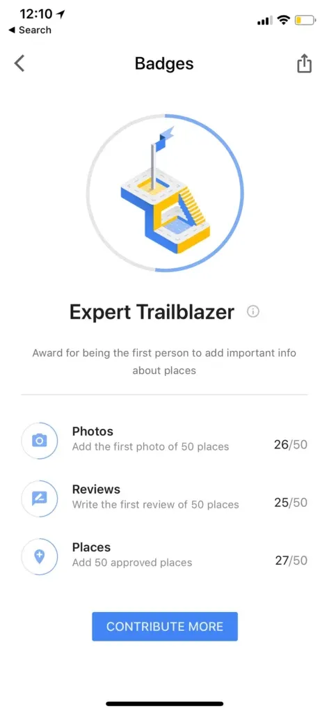 The Expert Trailblazer badge, awarded for posting photos, reviewing new places, and adding place listings