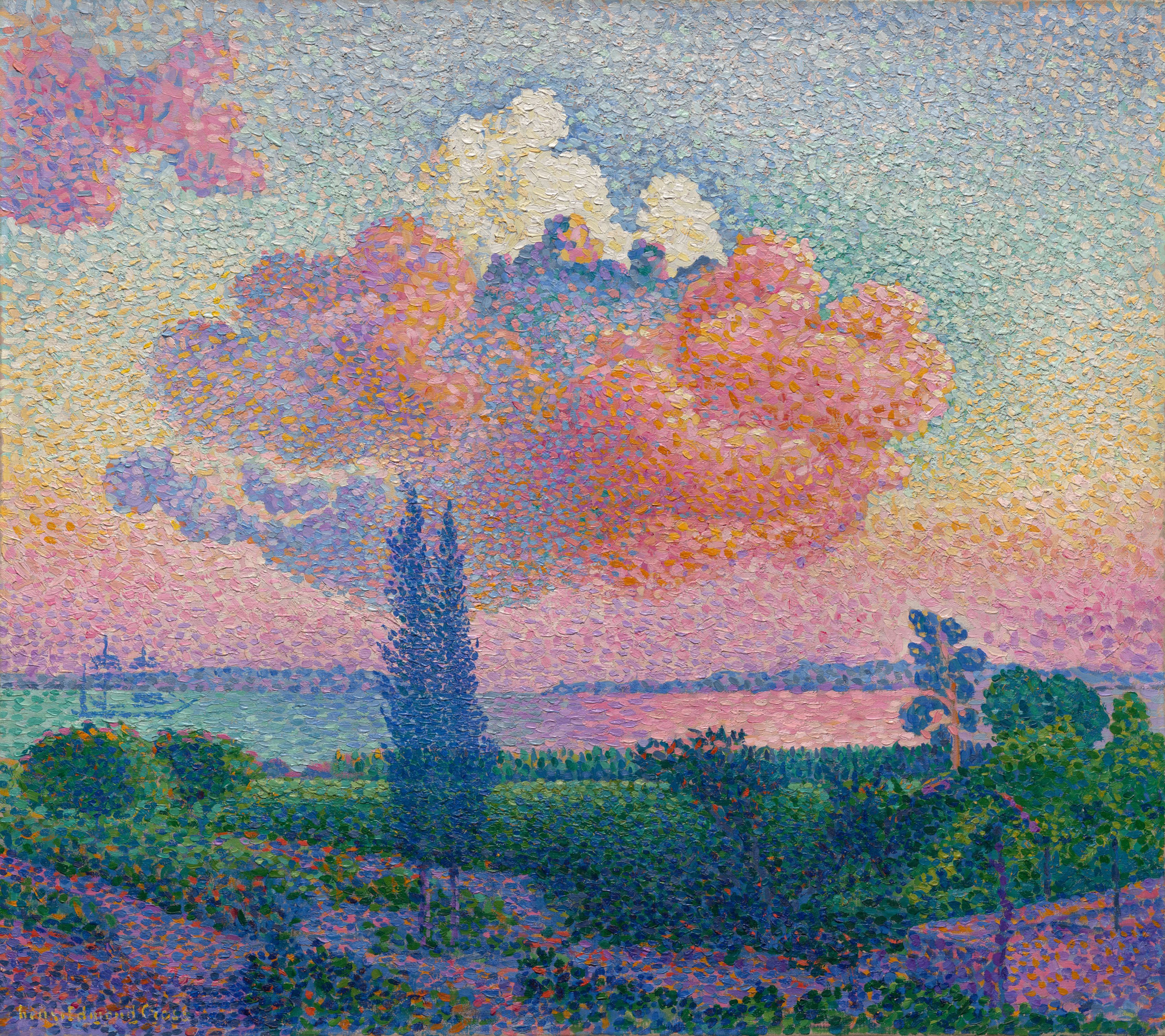 A large pink cloud hangs above a green landscape, with a waterway lining the horizon. A ship can be seen in the water.