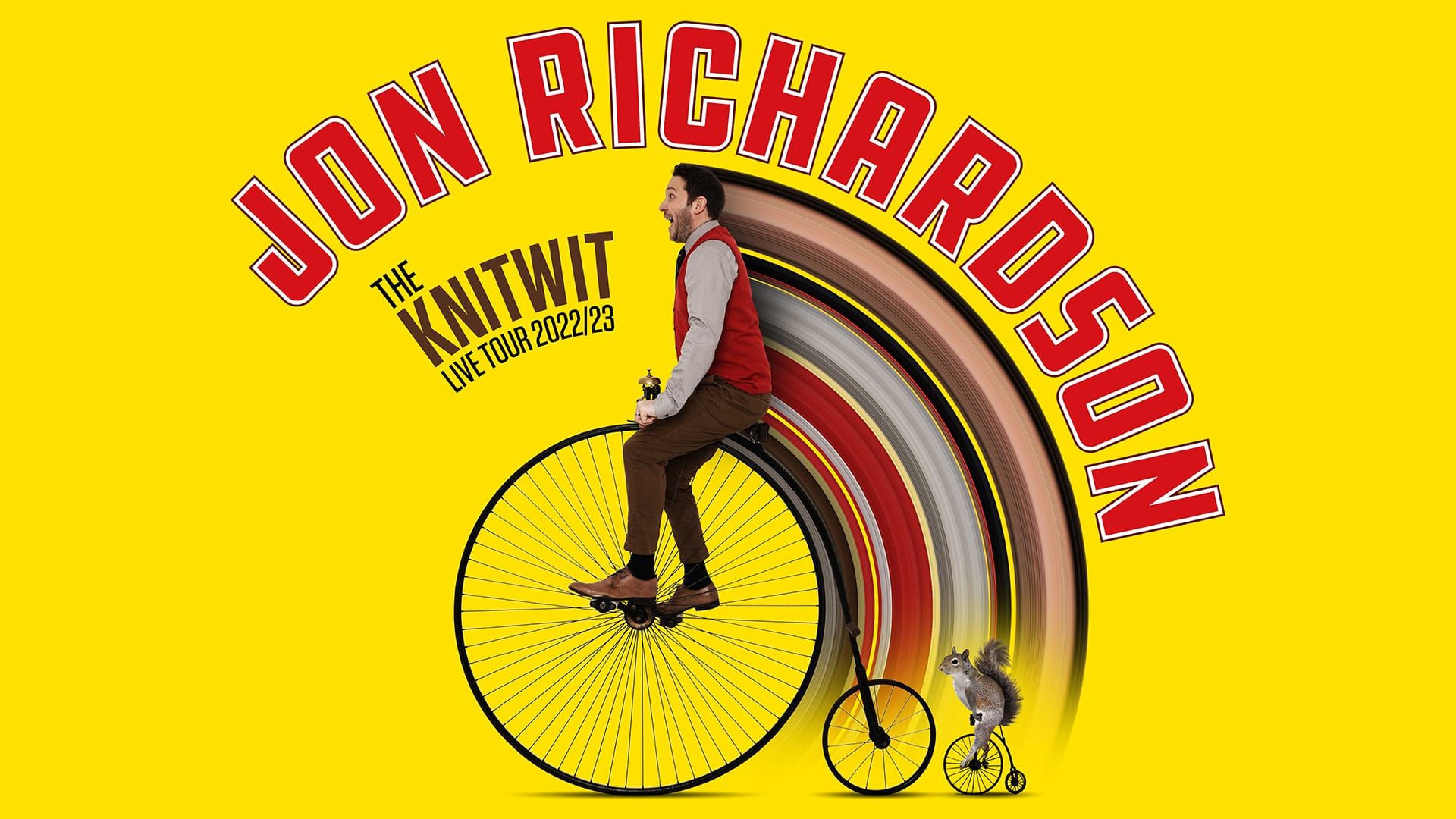 Promotional poster of the tour, with Jon on a penny farthing, wearing a cardigan