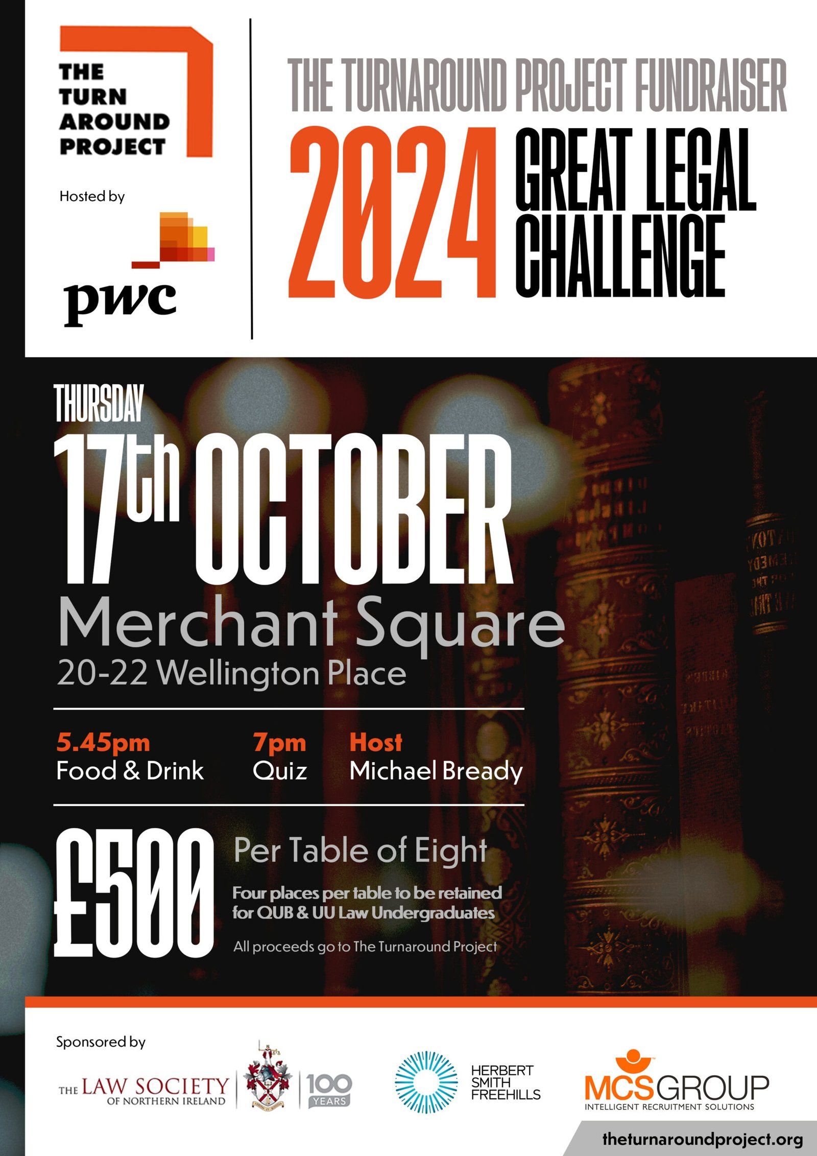 Event details listed in text, on the background of a library shelf filled with law books.