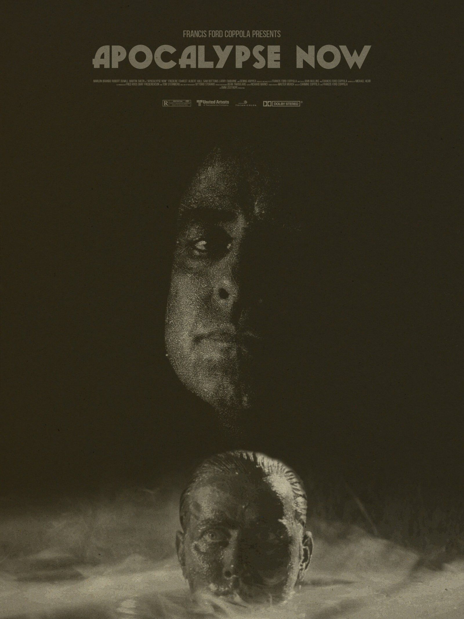The face of Martin Sheen's character Captain Benjamin Willard half-submerged in a bog from the iconic scene in the film, with Marlon Brando's Colonel Kurtz looming above him