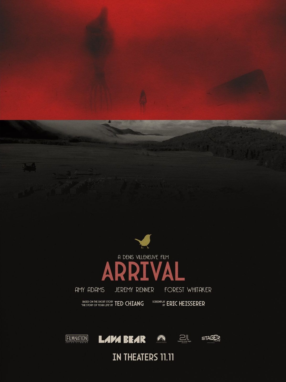 A large "alien" standing towering over Amy Adams' character, overlayed in a crimson red hue