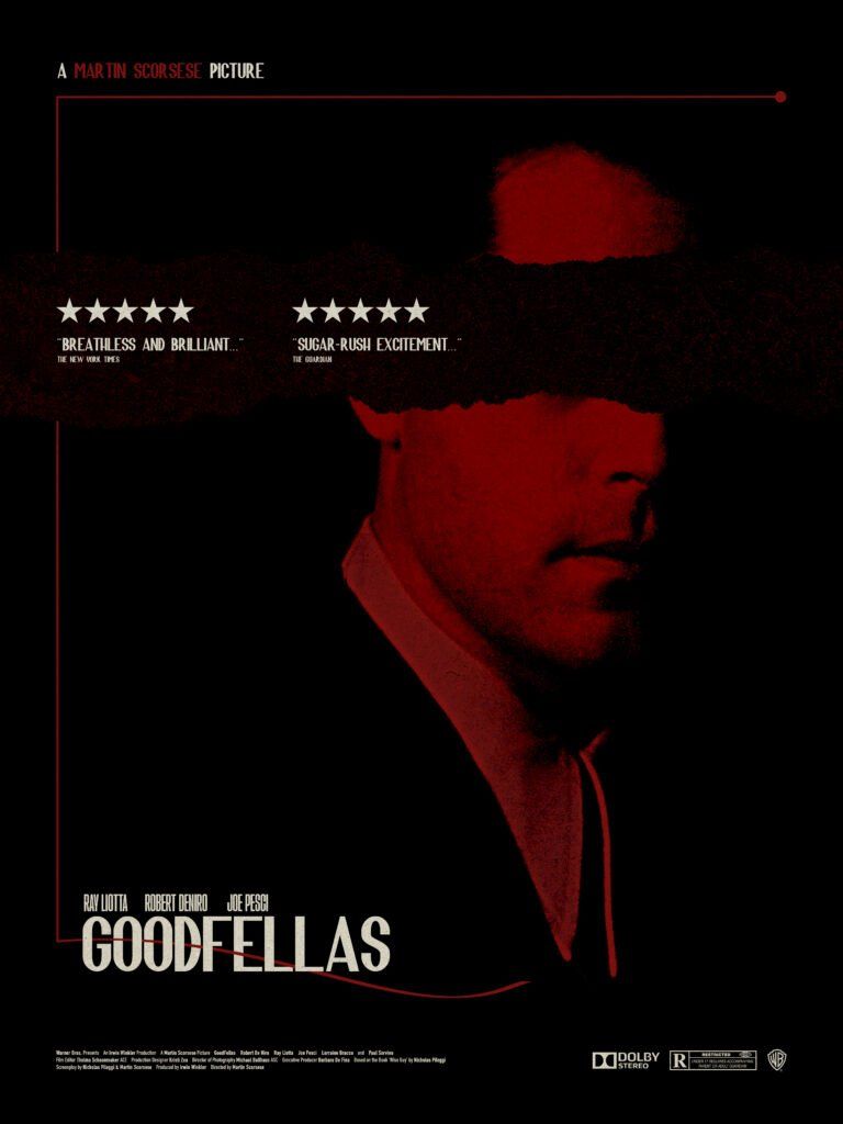 Ray Liotta as Henry Hill, with his face overalyed in a crimson red colour and a bar running across his eyes, covering them