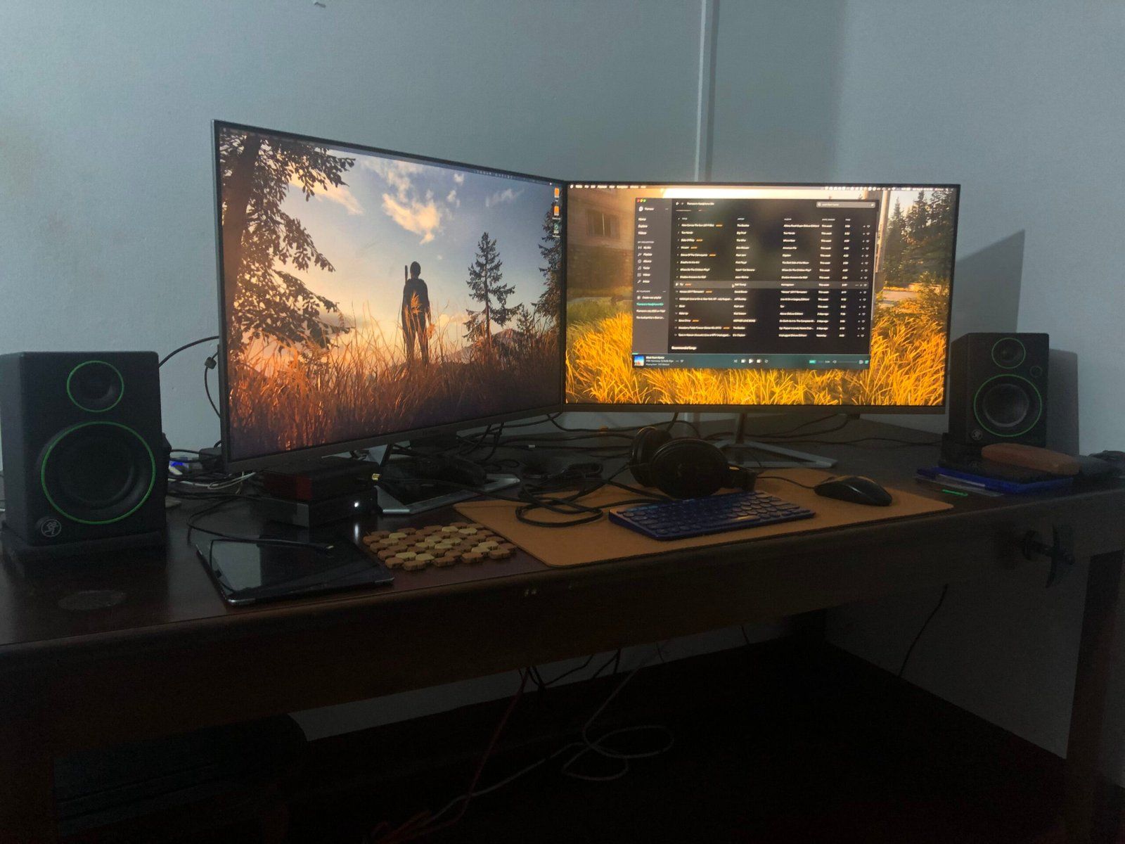 Desk setup featuring two monitors and speakers, and some other peripherals. The photo is dark but the monitors are brightly illuminated.