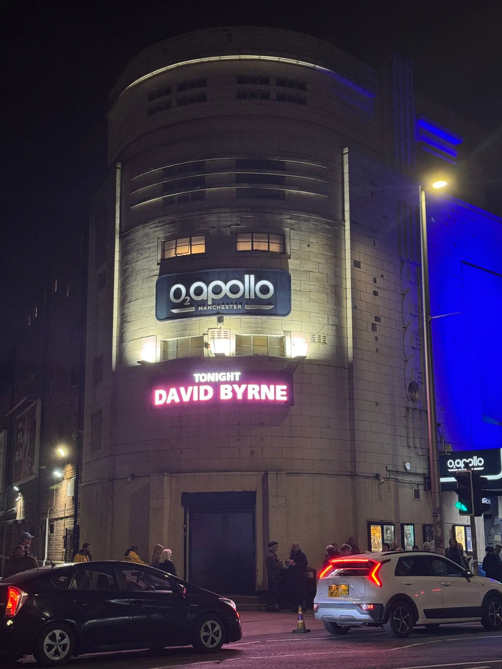 The front of the O2 Apollo building, with a lit up “Tonight: David Byrne” sign
