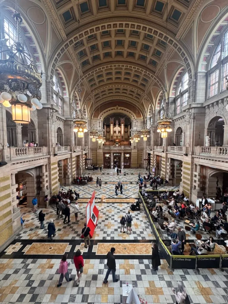 The central hall of the museum as seen from the balcony, with the large pipe organ in the front.