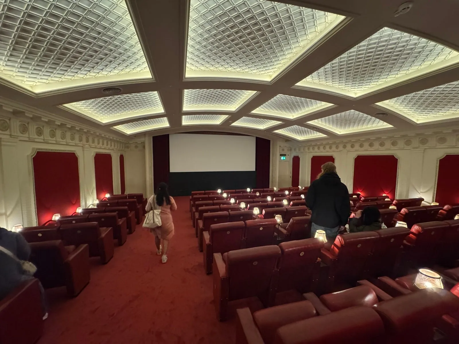 A wide photo of screen 2. The vintage look of the cinema is preserved with the use of red carpets and acoustic treatment of the walls, and red leather chairs.