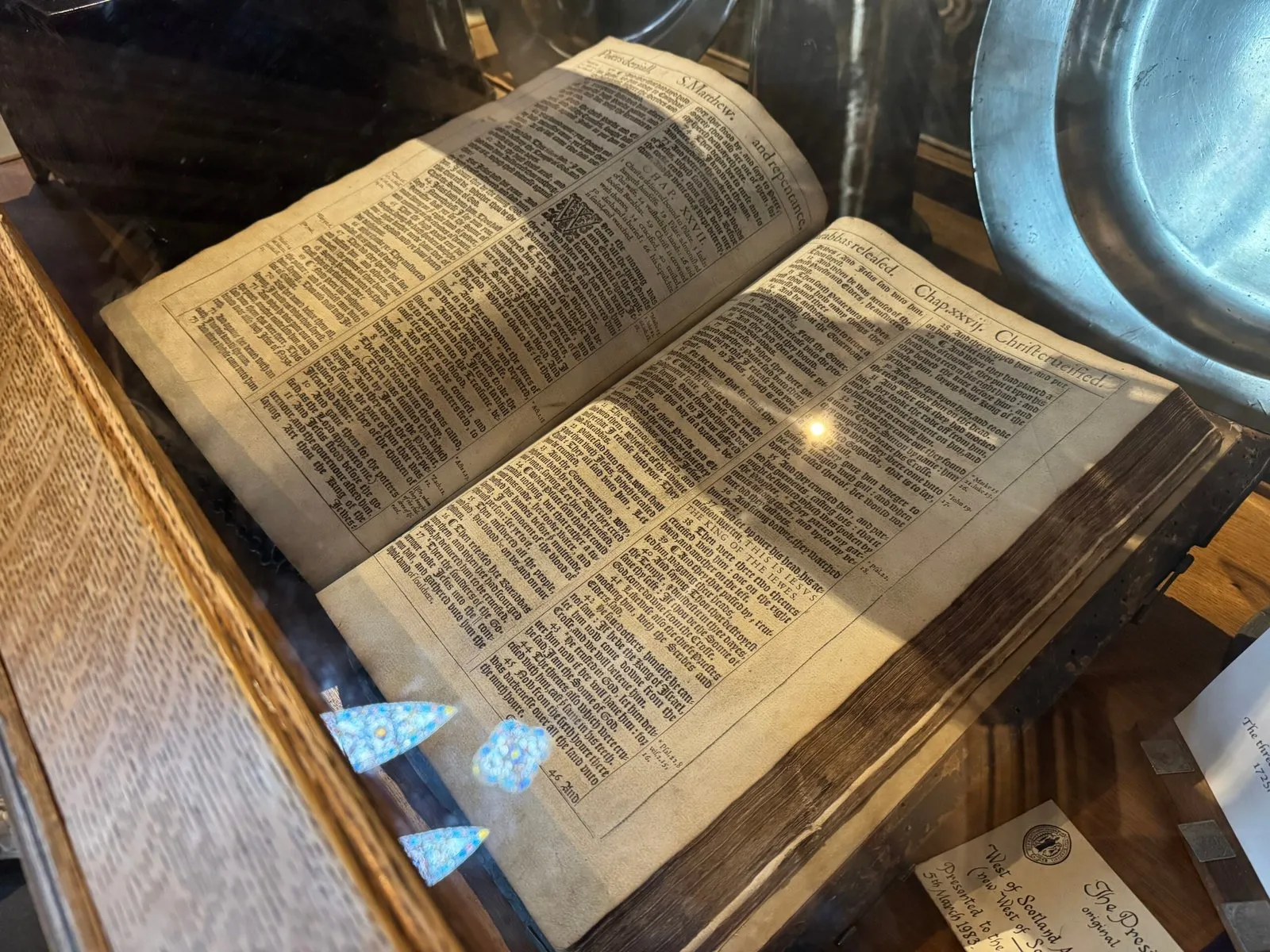 A copy of the King James Bible printed in 1617 that is displayed at the cathedral inside a glass case.
