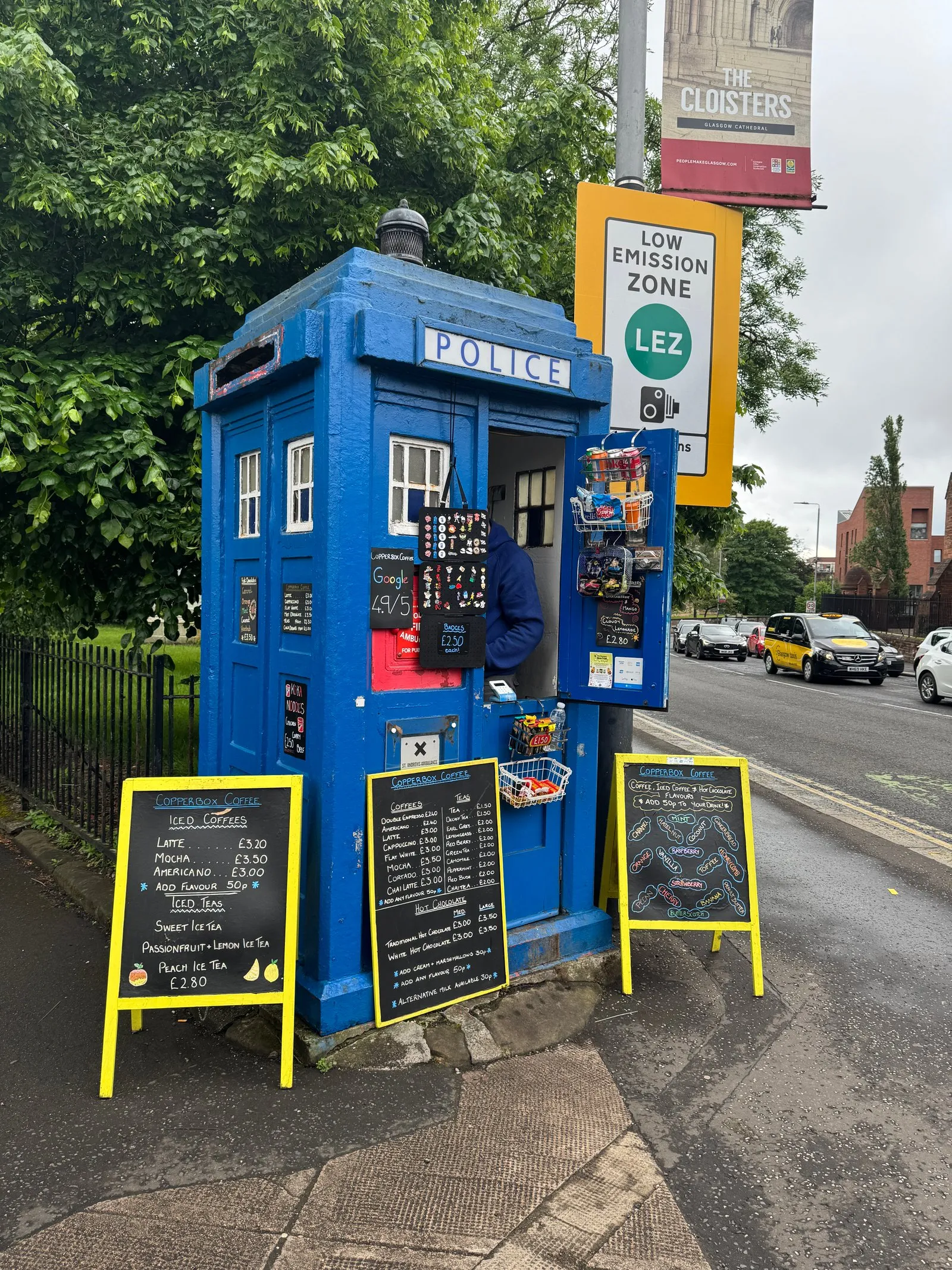 Copperbox Coffee, a small specialty coffee shop based in the Cathedral Square in Glasgow which is run out of a blue police box.