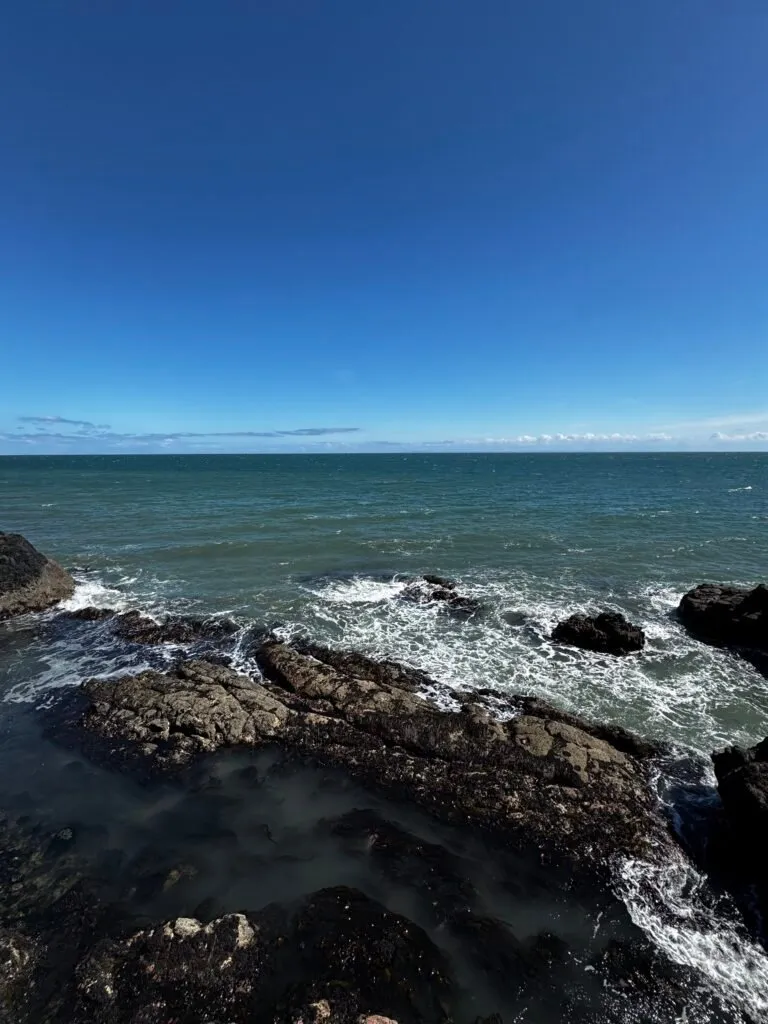 The horizon dividing a brilliant blue sky and a green sea. Rocks along the sea shore can be seen in the foreground.
