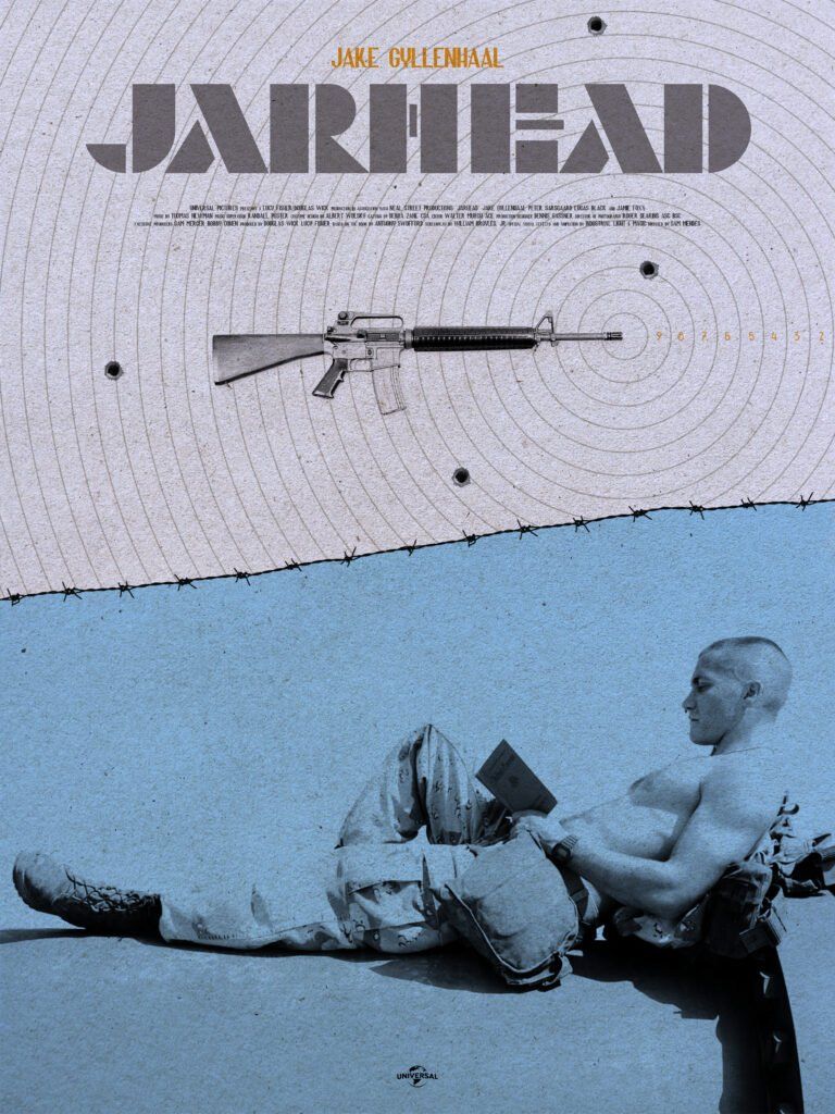 Jake Gyllenhaal's character Anthony Swofford laying on his back and reading a book
