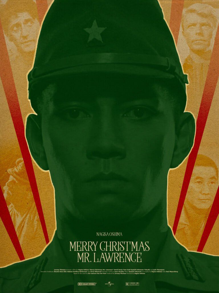 Ryuichi Sakamoto's face overlayed in green, with faces of other characters from the film floating around in the background, and the title at the bottom