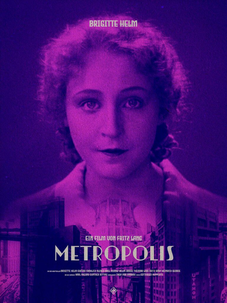 The face of Brigitte Helm's character Maria in a purple background, with a view of the city in the bottom